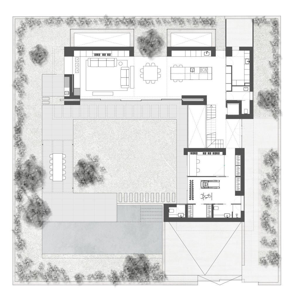Explore the architectural drawings of House 2194 by Nordest Architecture SLP in Olot, Spain. Discover its L-shaped garden layout, three levels, and courtyards that bring daylight and greenery into the home.