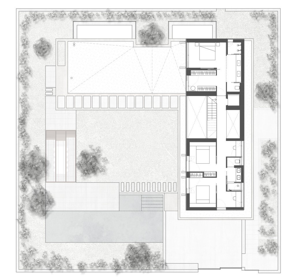 Explore the architectural drawings of House 2194 by Nordest Architecture SLP in Olot, Spain. Discover its L-shaped garden layout, three levels, and courtyards that bring daylight and greenery into the home.