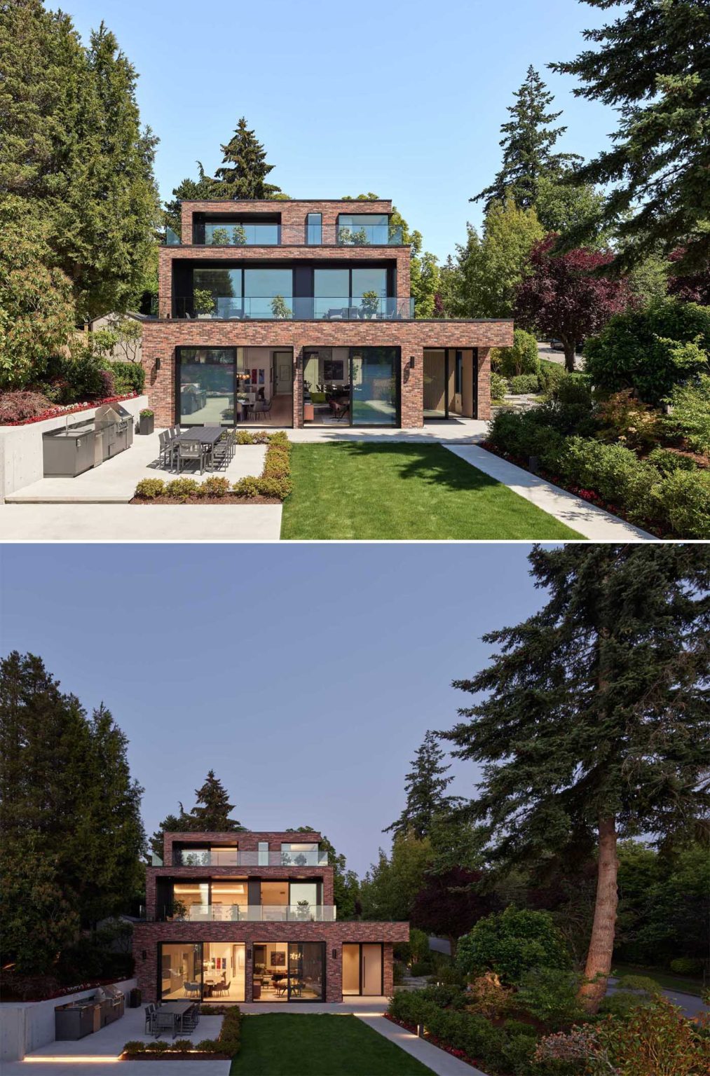 This terraced Vancouver home follows the natural slope of its site, with broad stepped terraces extending the interior spaces outdoors and opening the house toward western views.