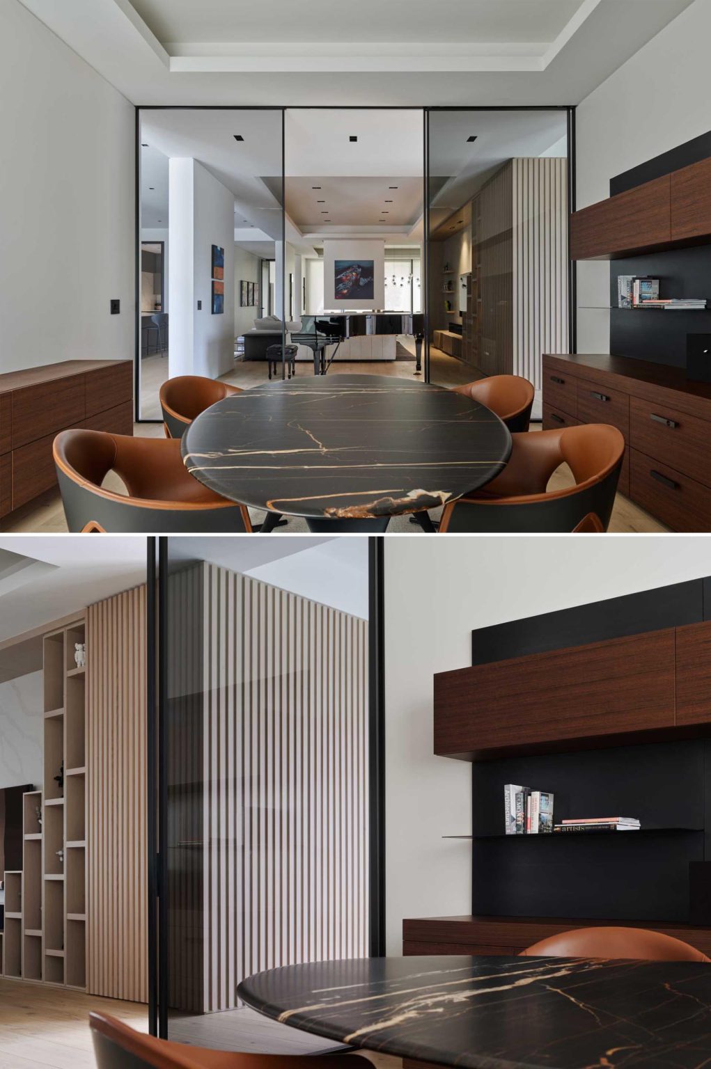 A large glass door also links the main social spaces with a hallway, making the transition between the shared rooms and the circulation areas feel open and continuous.