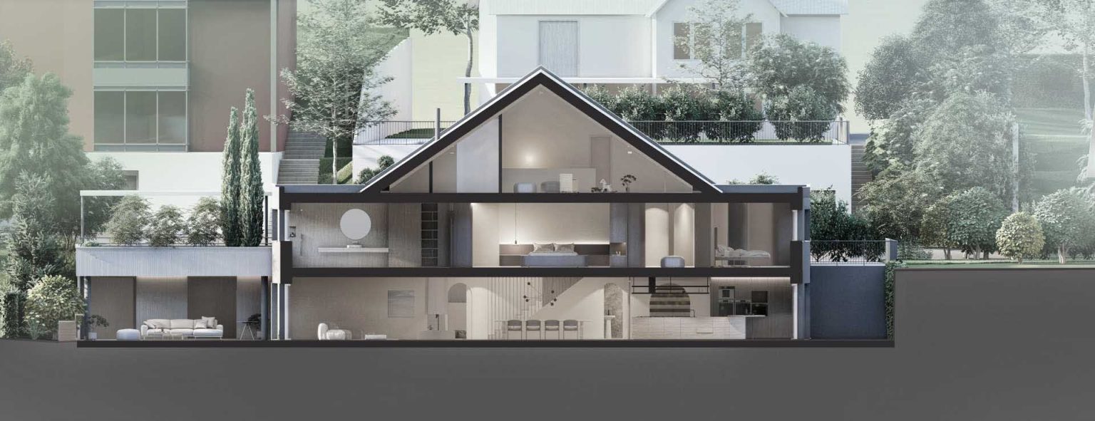 See the floor plans and section diagram for this Lausen, Switzerland renovation and discover how KOHLERSTRAUMANN transformed the interior layout without changing the home's exterior.