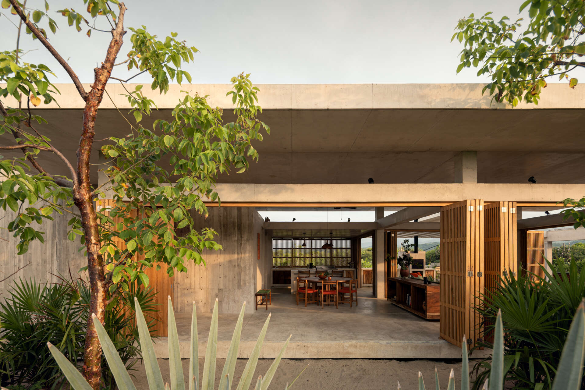 The interiors of Casa Cieno combine exposed concrete with warm timber, woven textures, terracotta accents and large openings overlooking the surrounding landscape.