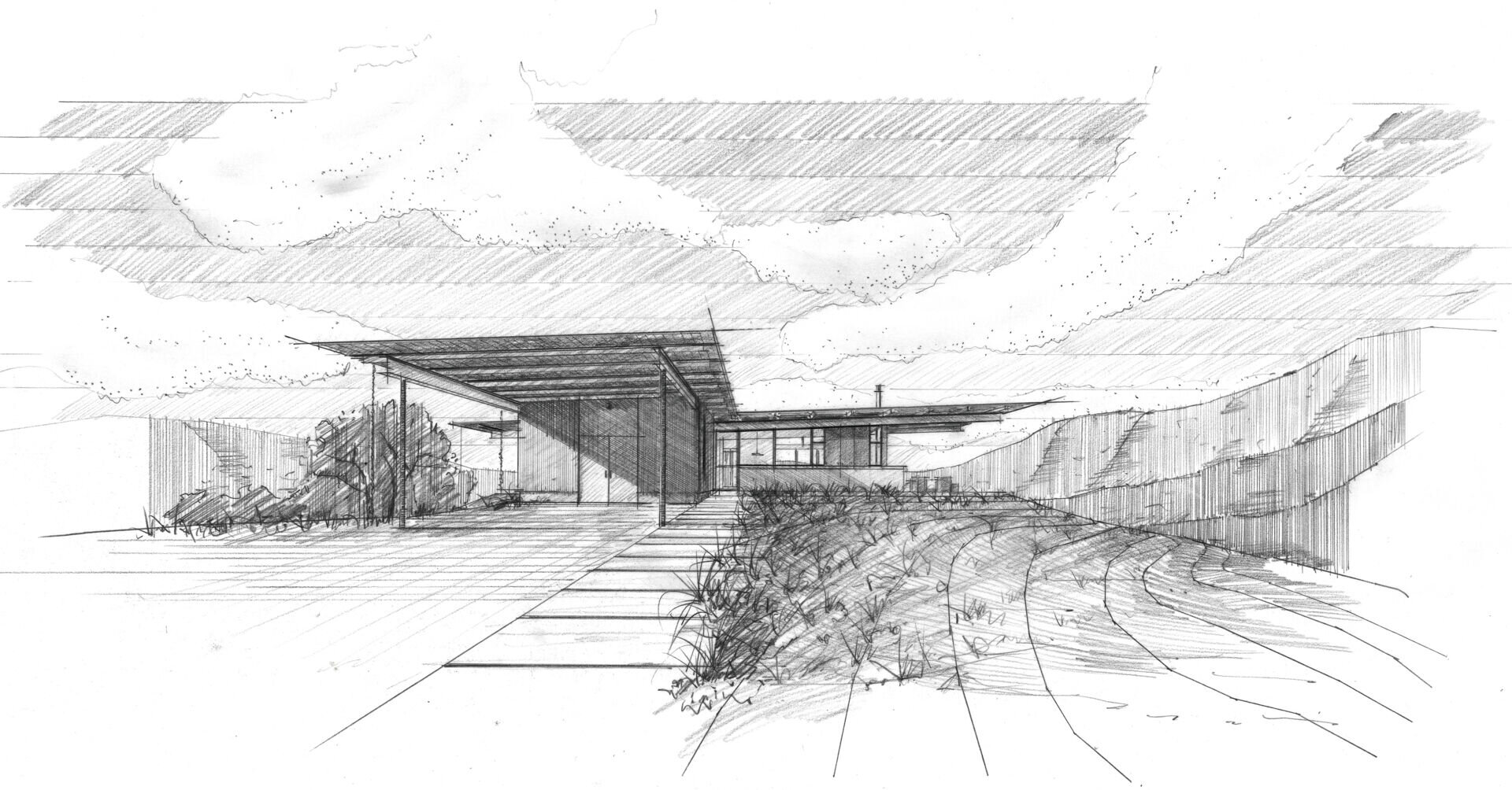 Explore the architectural drawings for Clayton Korte’s Vineyard Residence and see how the T-shaped plan organizes bedrooms, living spaces, outdoor areas and the west-sloping roof.