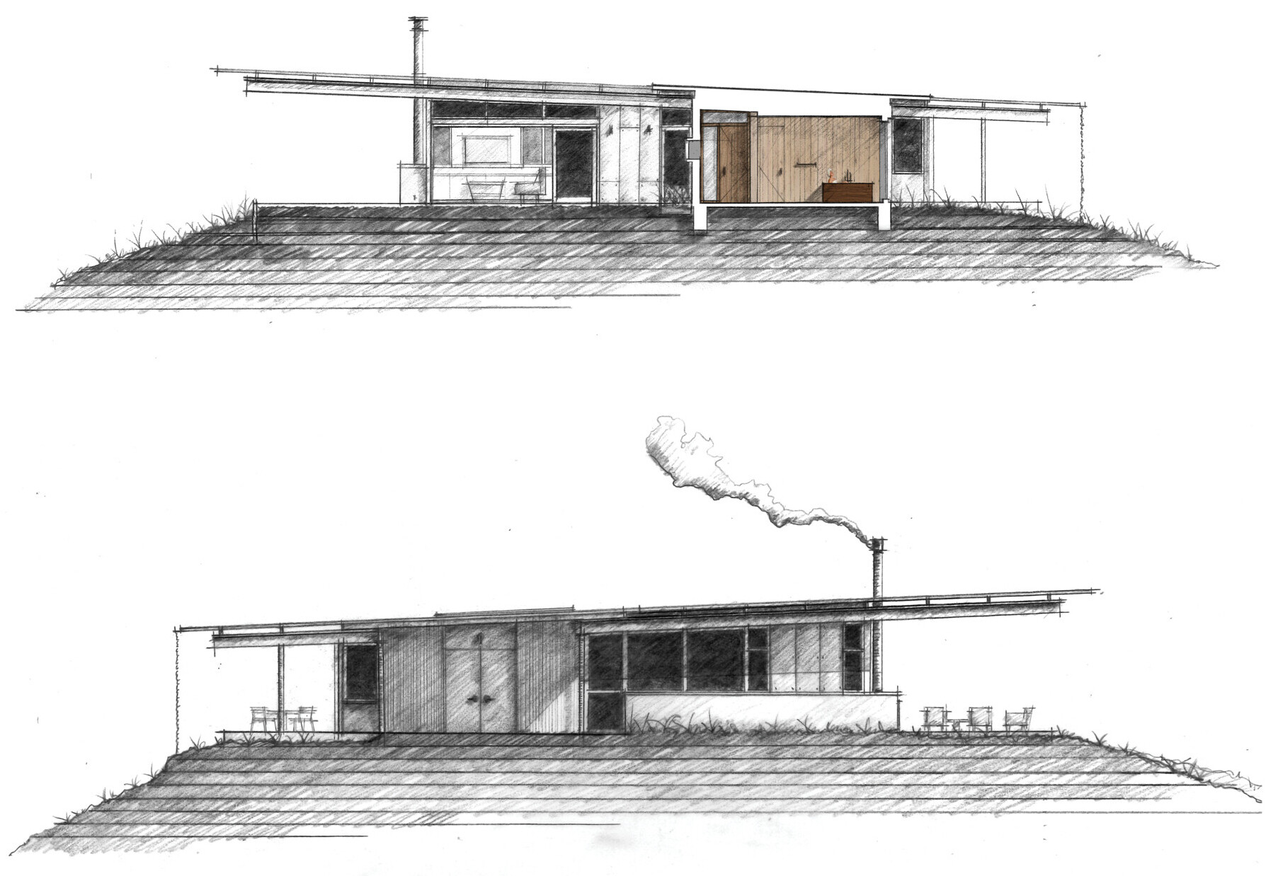 Explore the architectural drawings for Clayton Korte’s Vineyard Residence and see how the T-shaped plan organizes bedrooms, living spaces, outdoor areas and the west-sloping roof.
