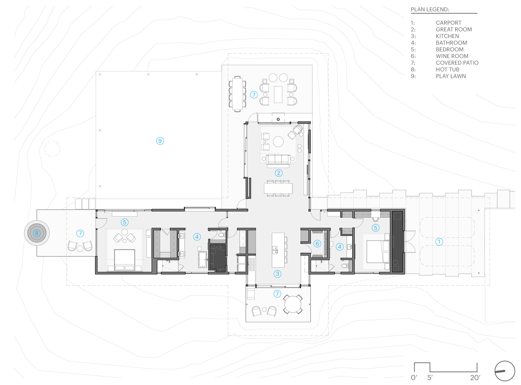 Explore the architectural drawings for Clayton Korte’s Vineyard Residence and see how the T-shaped plan organizes bedrooms, living spaces, outdoor areas and the west-sloping roof.