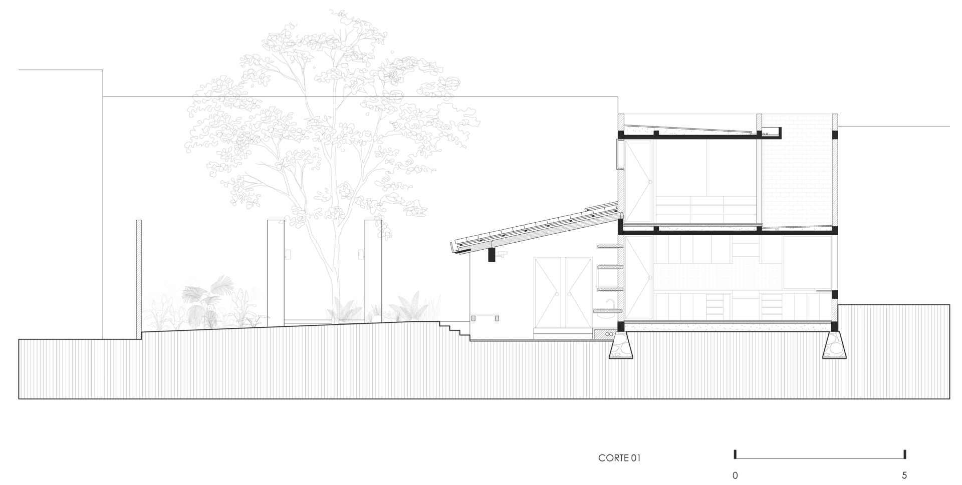 See the architectural drawings for Casa Amona, showing how its two-level house, separate workshop and tree-filled courtyard fit together on an urban plot in Chiapas.