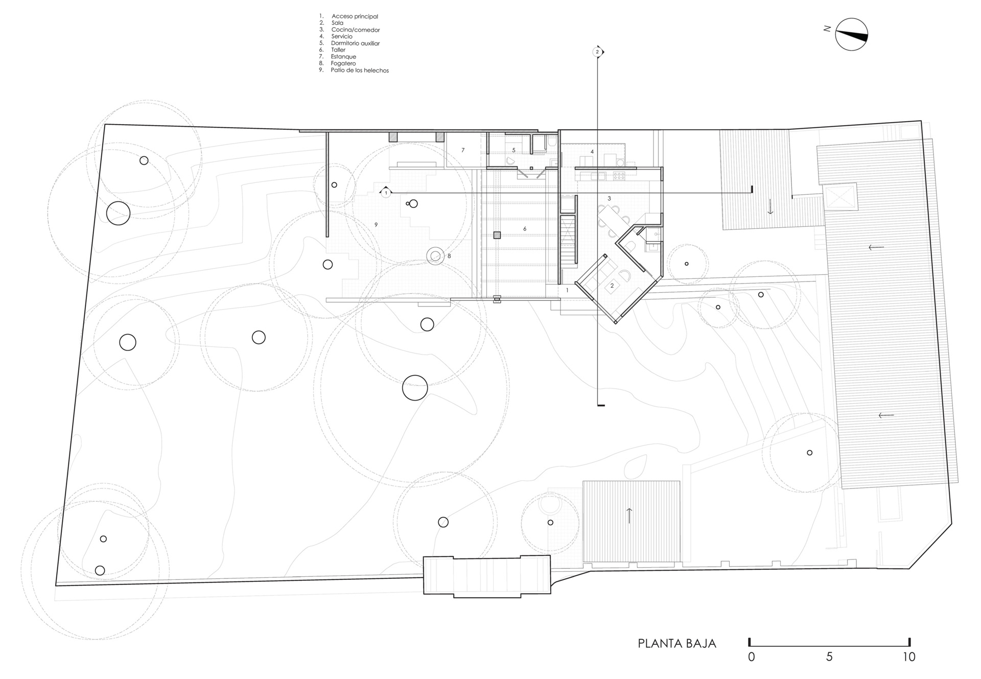 See the architectural drawings for Casa Amona, showing how its two-level house, separate workshop and tree-filled courtyard fit together on an urban plot in Chiapas.