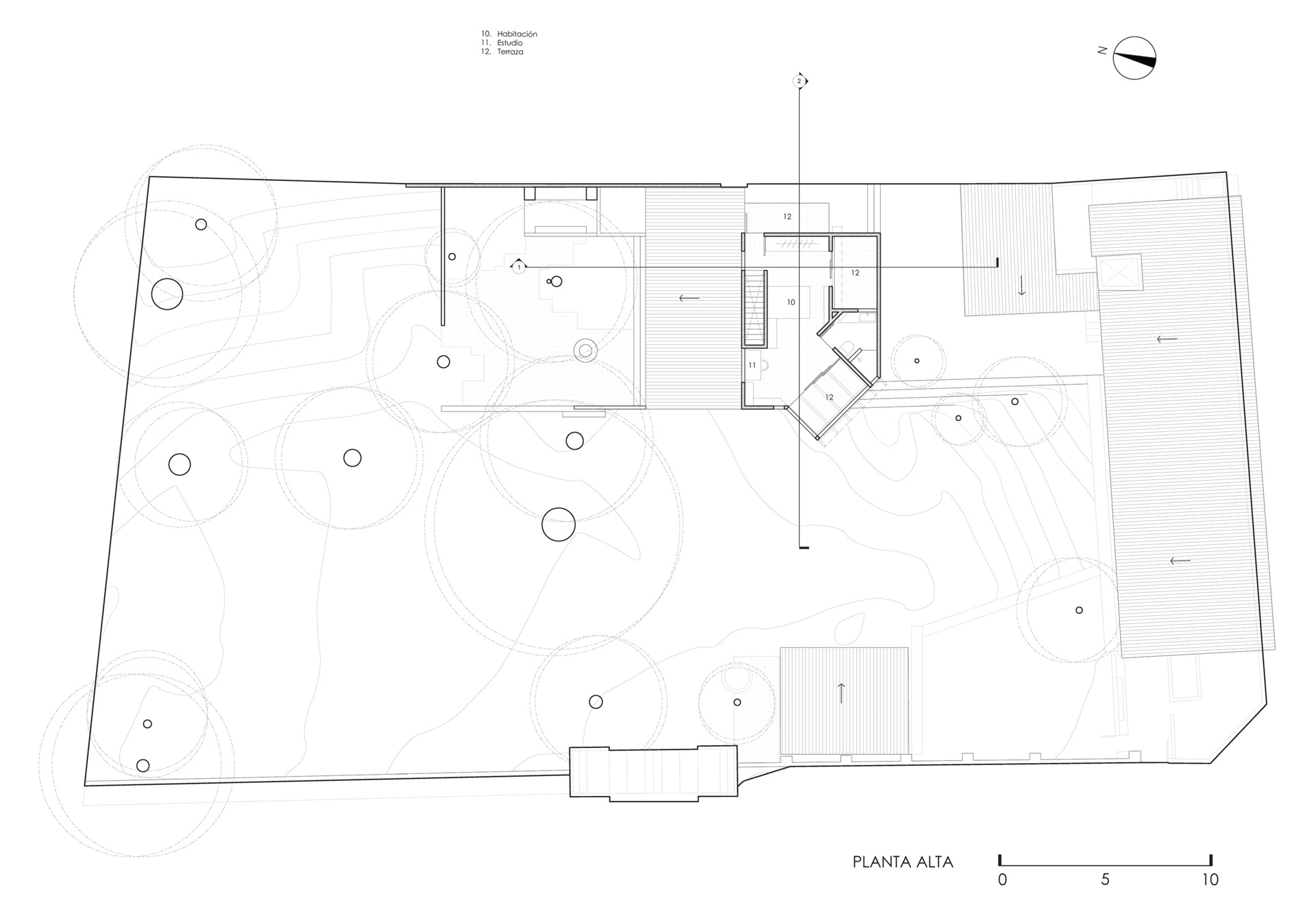See the architectural drawings for Casa Amona, showing how its two-level house, separate workshop and tree-filled courtyard fit together on an urban plot in Chiapas.