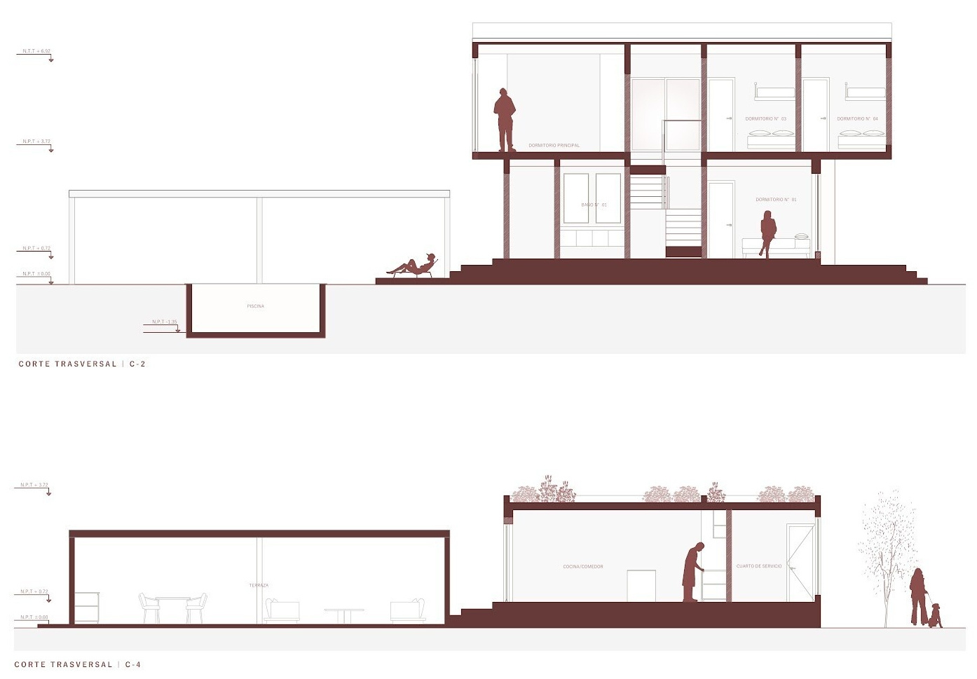 Floor plans, sections and elevations reveal Casa Berna’s layout, from its garden-facing living spaces and pool to the gabled upper floor containing the bedrooms.