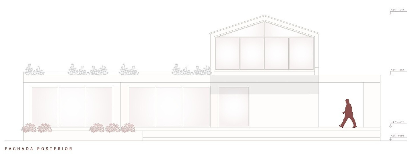 Floor plans, sections and elevations reveal Casa Berna’s layout, from its garden-facing living spaces and pool to the gabled upper floor containing the bedrooms.