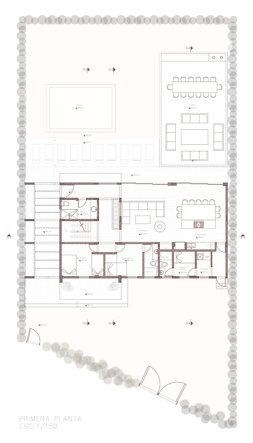 Floor plans, sections and elevations reveal Casa Berna’s layout, from its garden-facing living spaces and pool to the gabled upper floor containing the bedrooms.