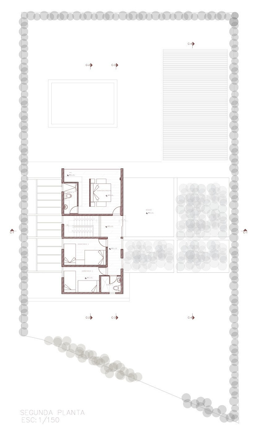 Floor plans, sections and elevations reveal Casa Berna’s layout, from its garden-facing living spaces and pool to the gabled upper floor containing the bedrooms.