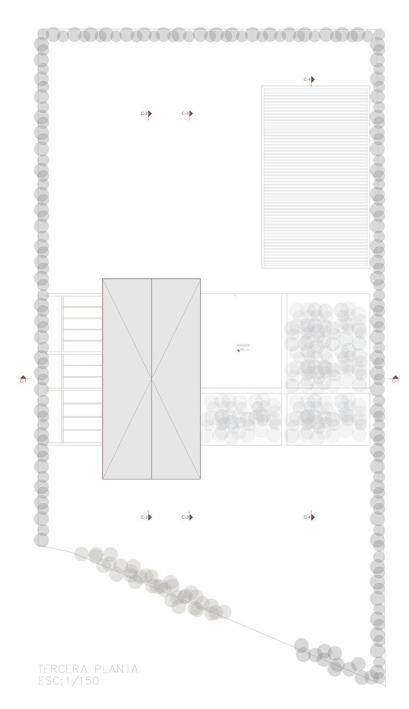 Floor plans, sections and elevations reveal Casa Berna’s layout, from its garden-facing living spaces and pool to the gabled upper floor containing the bedrooms.