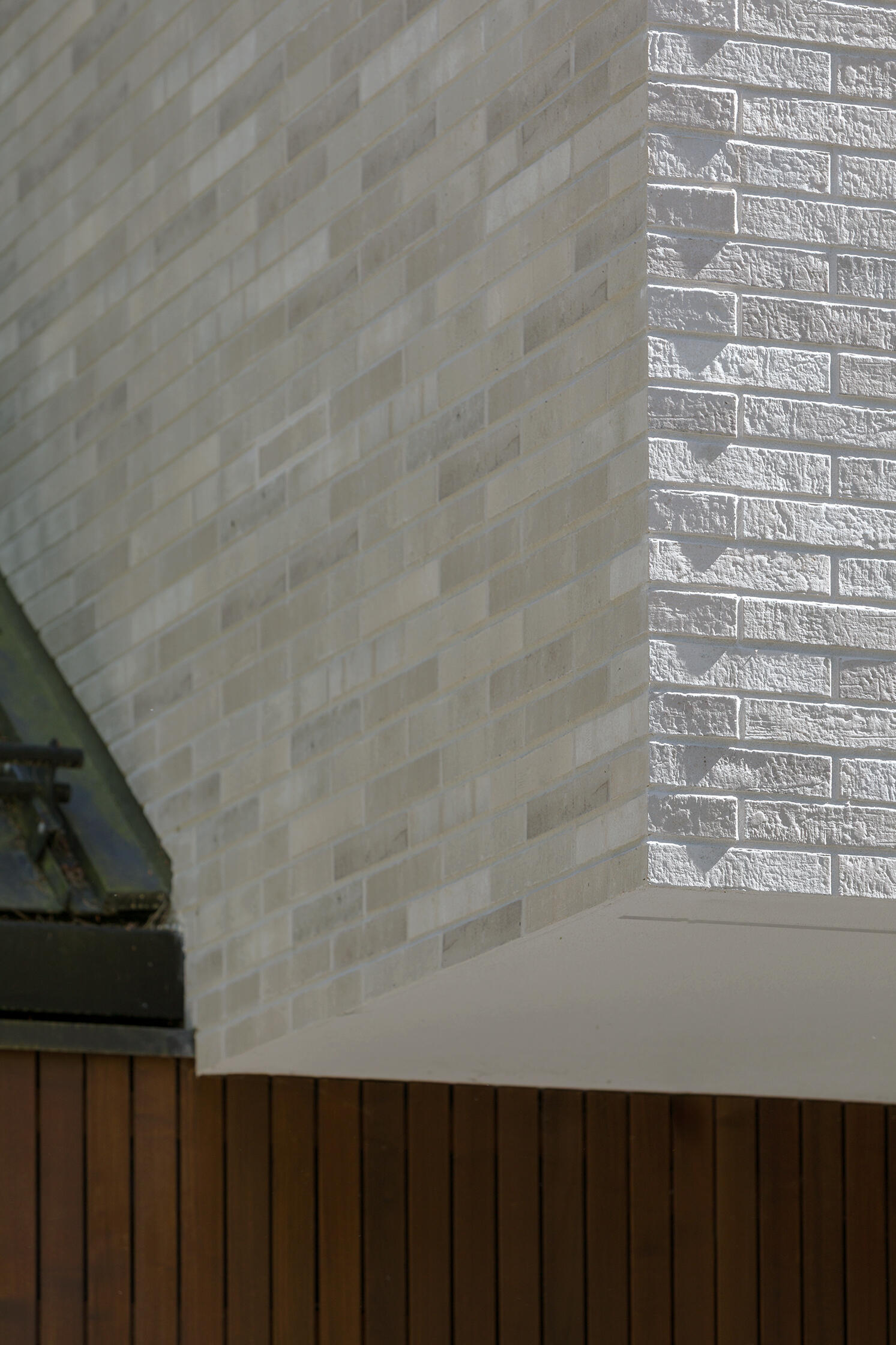Dark vertical timber and light horizontal façade tiles distinguish the two intersecting volumes of The Intersecting House, creating a clear contrast across the contemporary forest home.