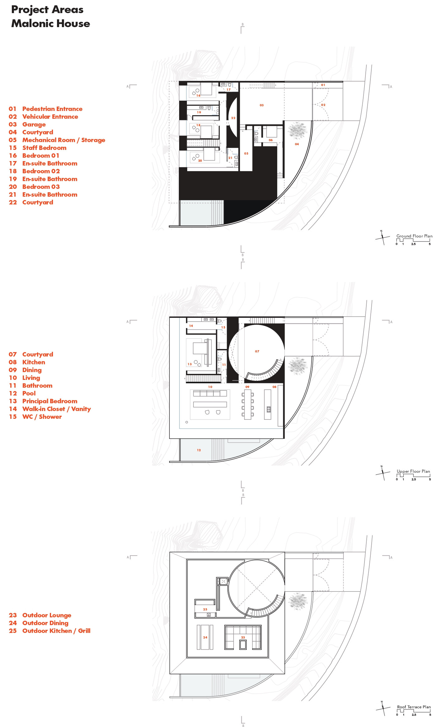 See how the floor plan of Casa Malonic by HW Studio moves from a contained street entrance through a circular courtyard and into open spaces facing the landscape.