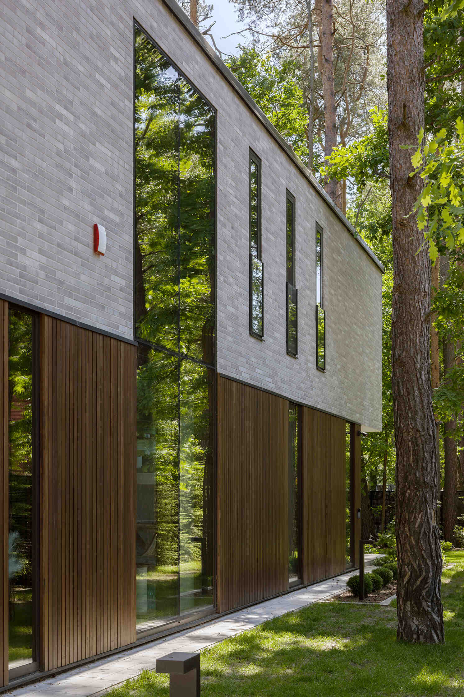 Expansive horizontal glazing and tall vertical windows bring daylight and views of the surrounding pine trees into The Intersecting House near Warsaw, with large living room glazing opening directly onto the terrace.