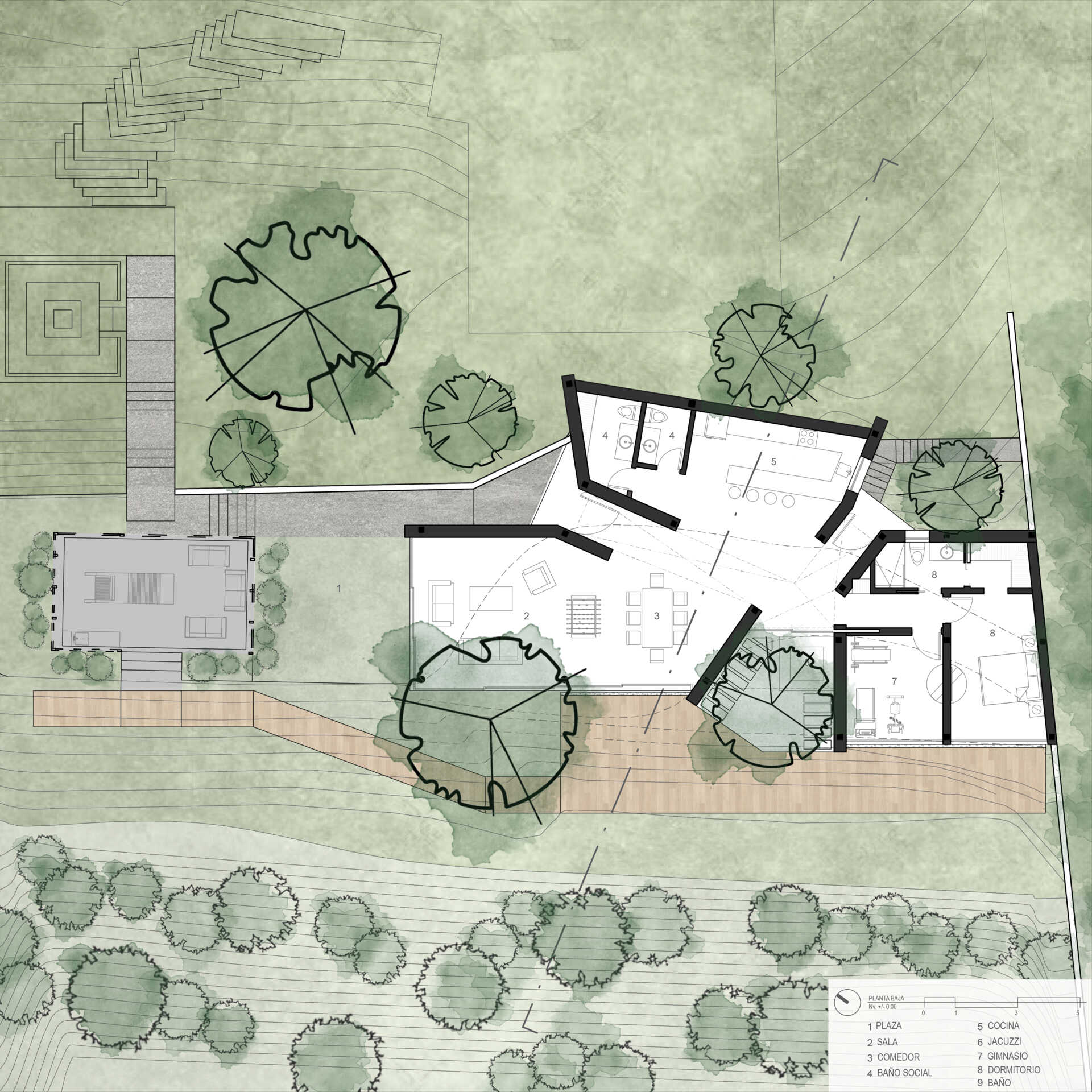 Explore the architectural drawings for the Hidden Stone House and see how its geometry was developed around the existing trees and natural landscape.