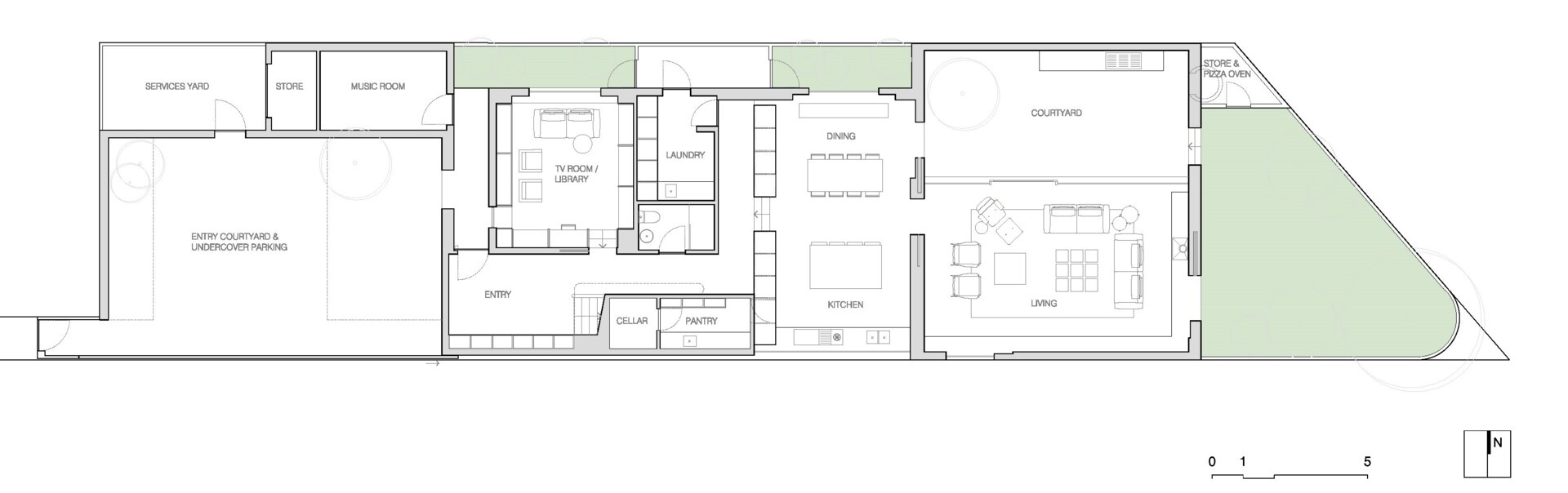 The floor plans reveal how Casa Piva is arranged around its courtyards, with the kitchen, dining and living spaces on the ground floor and the private bedrooms and bathrooms above.