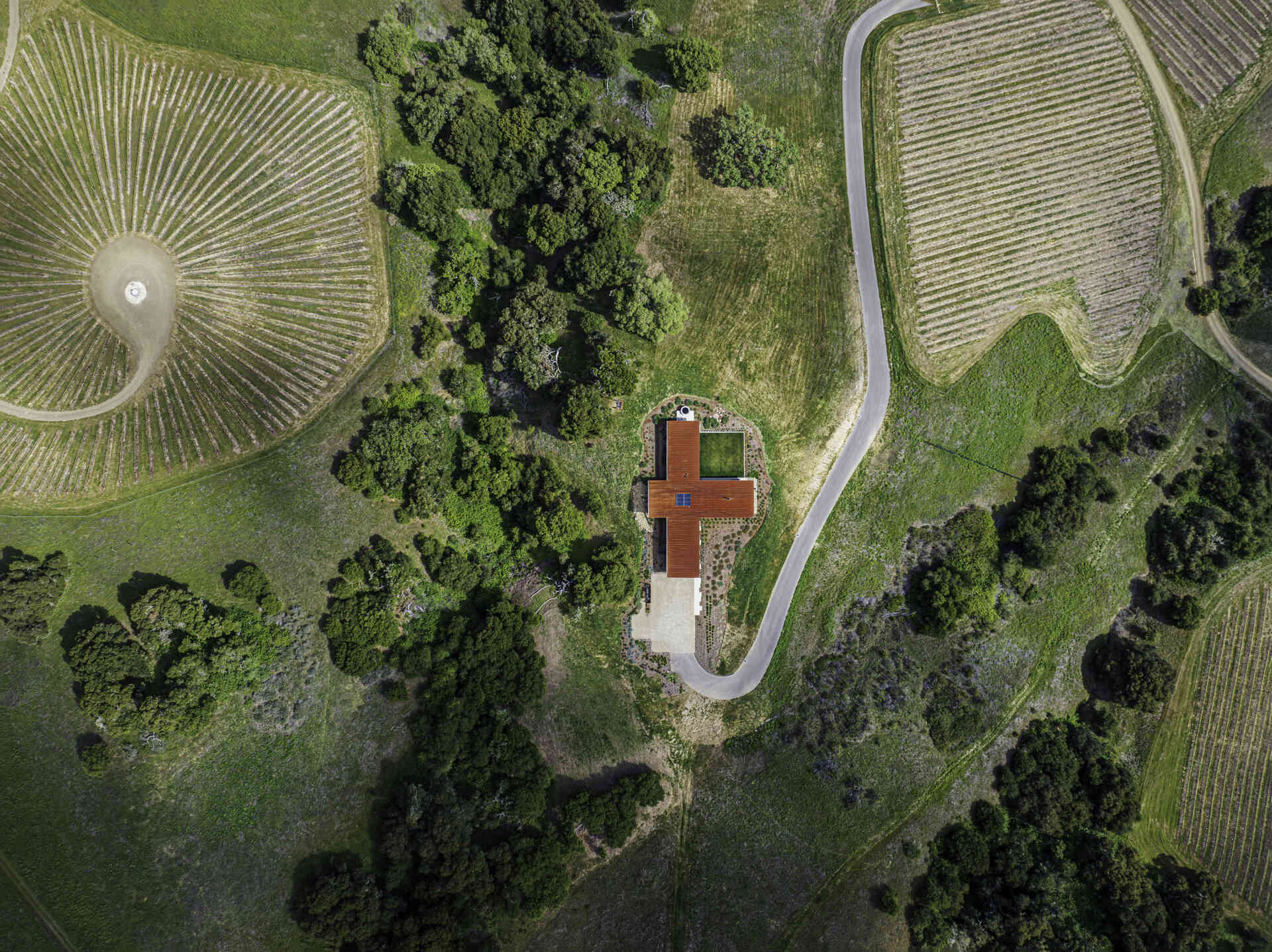Explore the compact T-shaped plan of Vineyard Residence by Clayton Korte, with private bedroom suites surrounding a central kitchen and living area and outdoor spaces extending at both ends.
