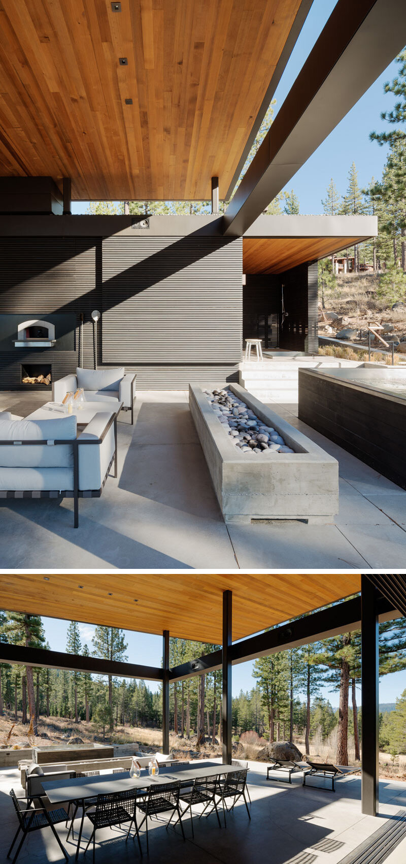 Explore the outdoor entertaining terrace with a concrete firepit, dining table, BBQ, wood-fired pizza oven and sliding glass wall.