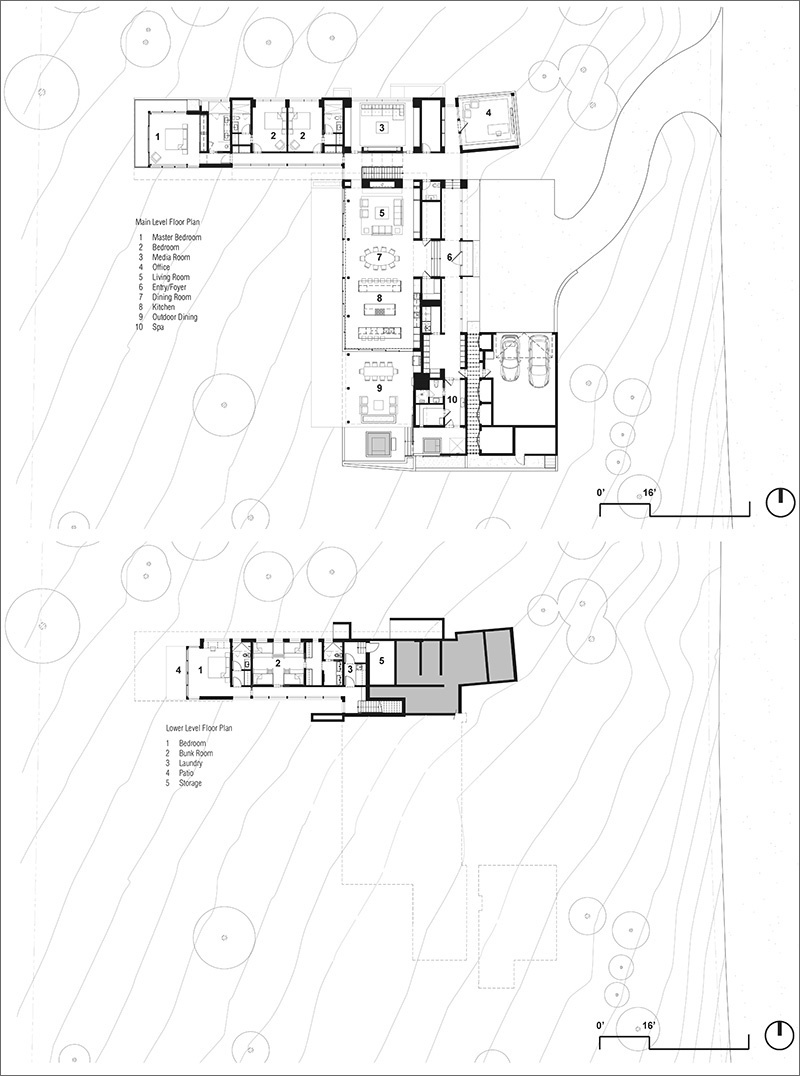 See the floor plan of this modern Martis Camp home and discover how its living spaces, bedrooms, spa, garage and outdoor terraces connect.