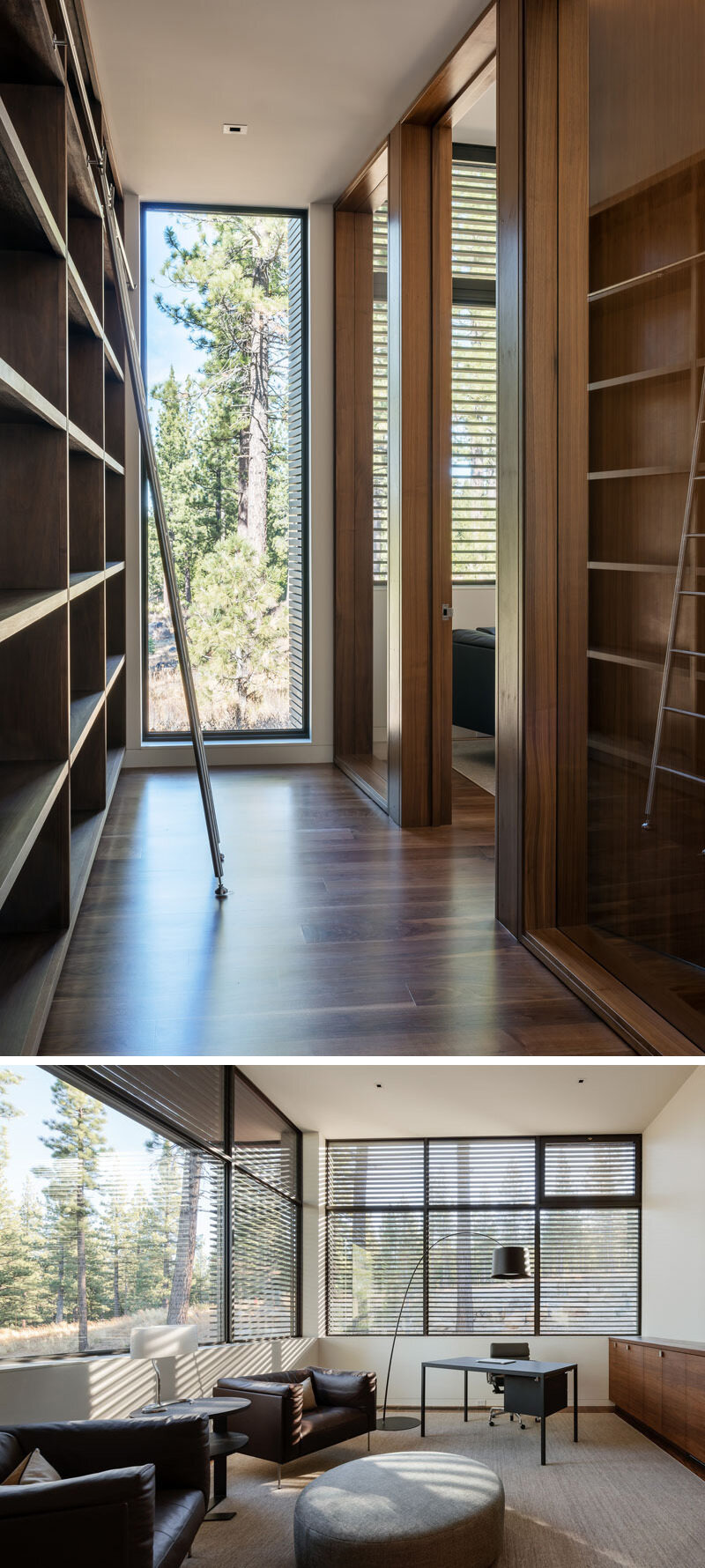 Step inside the home office, reached through a hallway lined with a floor-to-ceiling wood bookcase and filled with natural light.