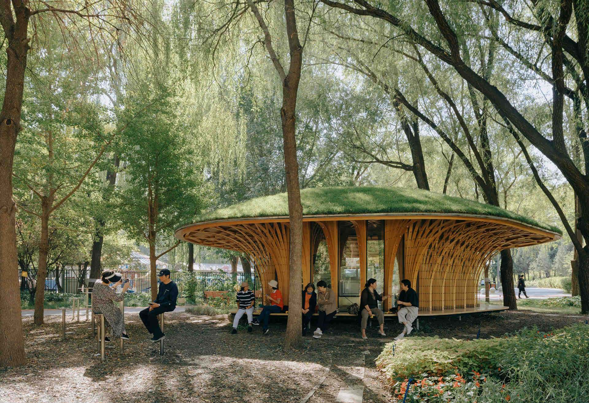 West Garden Florist by LUO studio is a mushroom-like timber florist pavilion tucked among the trees of Haidian Park in Beijing, with a planted roof and open canopy.