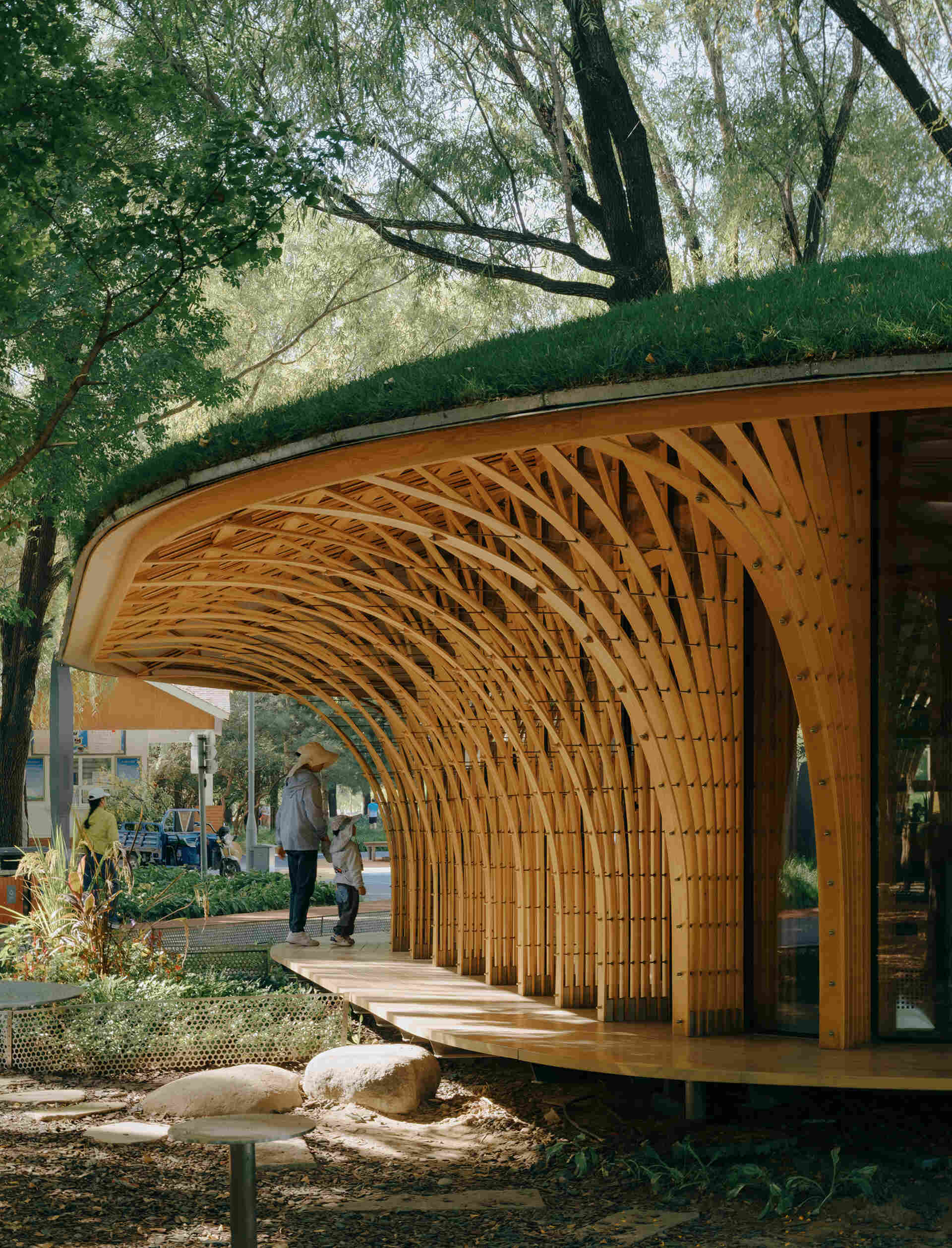 West Garden Florist by LUO studio is a mushroom-like timber florist pavilion tucked among the trees of Haidian Park in Beijing, with a planted roof and open canopy.