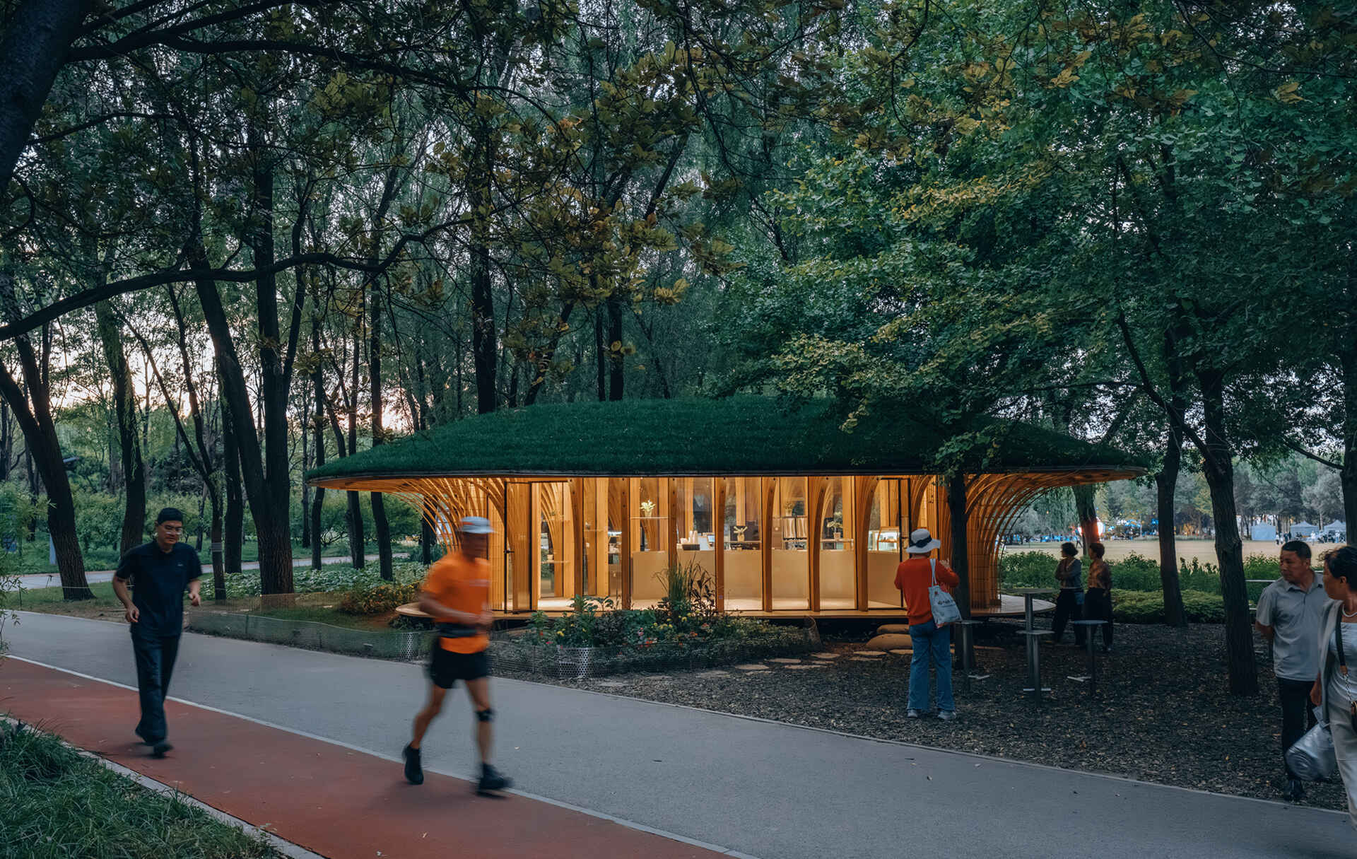 West Garden Florist by LUO studio is a mushroom-like timber florist pavilion tucked among the trees of Haidian Park in Beijing, with a planted roof and open canopy.