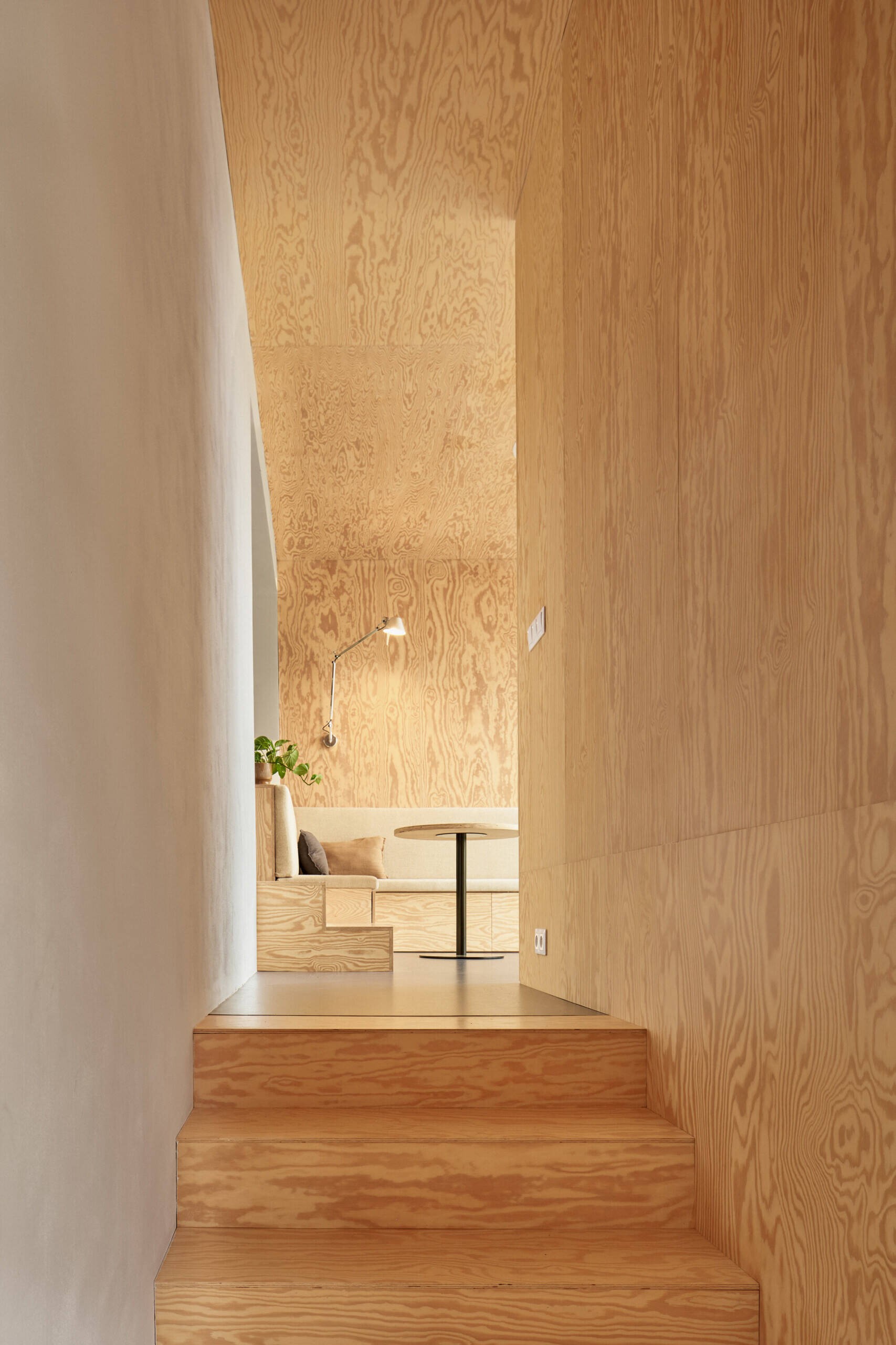 Inside the extension by Facha architekti, pine plywood wraps the entryway and hallway, with built-in storage and custom furniture helping make the most of the compact family home in Ne?ín, Czech Republic.