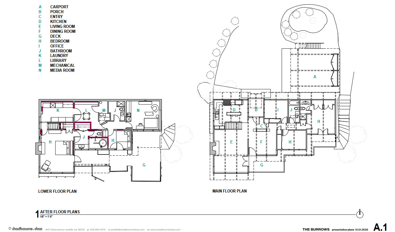 Explore the before-and-after floor plans of The Burrows, a mid-century Seattle home renovated by chadbourne + doss architects, showing the redesigned kitchen and transformation of the former lower-level offices into living spaces.