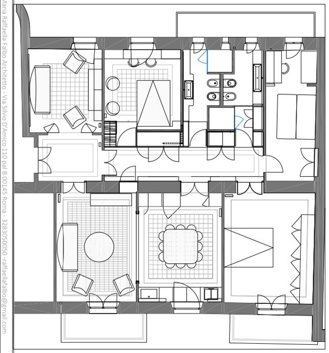 Before-and-after floor plans show the renovation of a 130-square-metre apartment in Rome by architect Raffaella Falbo, featuring a reorganized central corridor, integrated storage, enlarged living spaces, and preserved historic flooring.