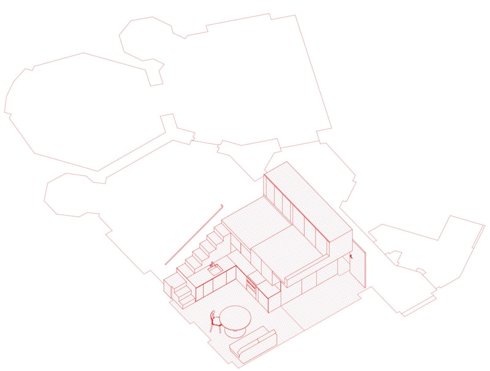 An architectural drawing illustrating a space-saving studio apartment design with a raised sleeping platform, built-in staircase, kitchen, and storage combined into a compact layout.