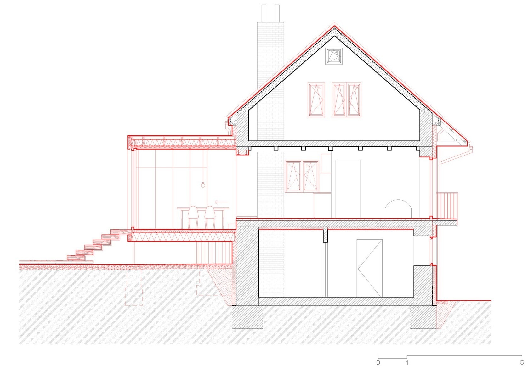 Explore the architectural drawings for this renovation and extension in Ne?ín, Czech Republic, by Facha architekti. Plans and sections show how the new timber addition expands the raised ground floor while leaving much of the original house intact.