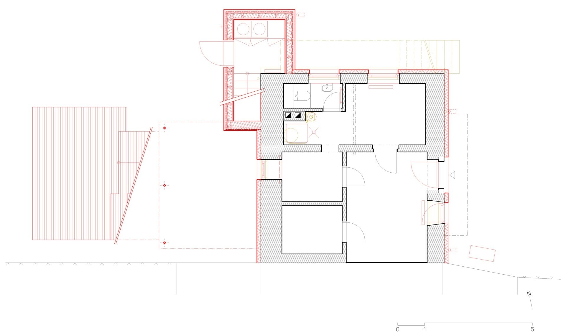 Explore the architectural drawings for this renovation and extension in Ne?ín, Czech Republic, by Facha architekti. Plans and sections show how the new timber addition expands the raised ground floor while leaving much of the original house intact.