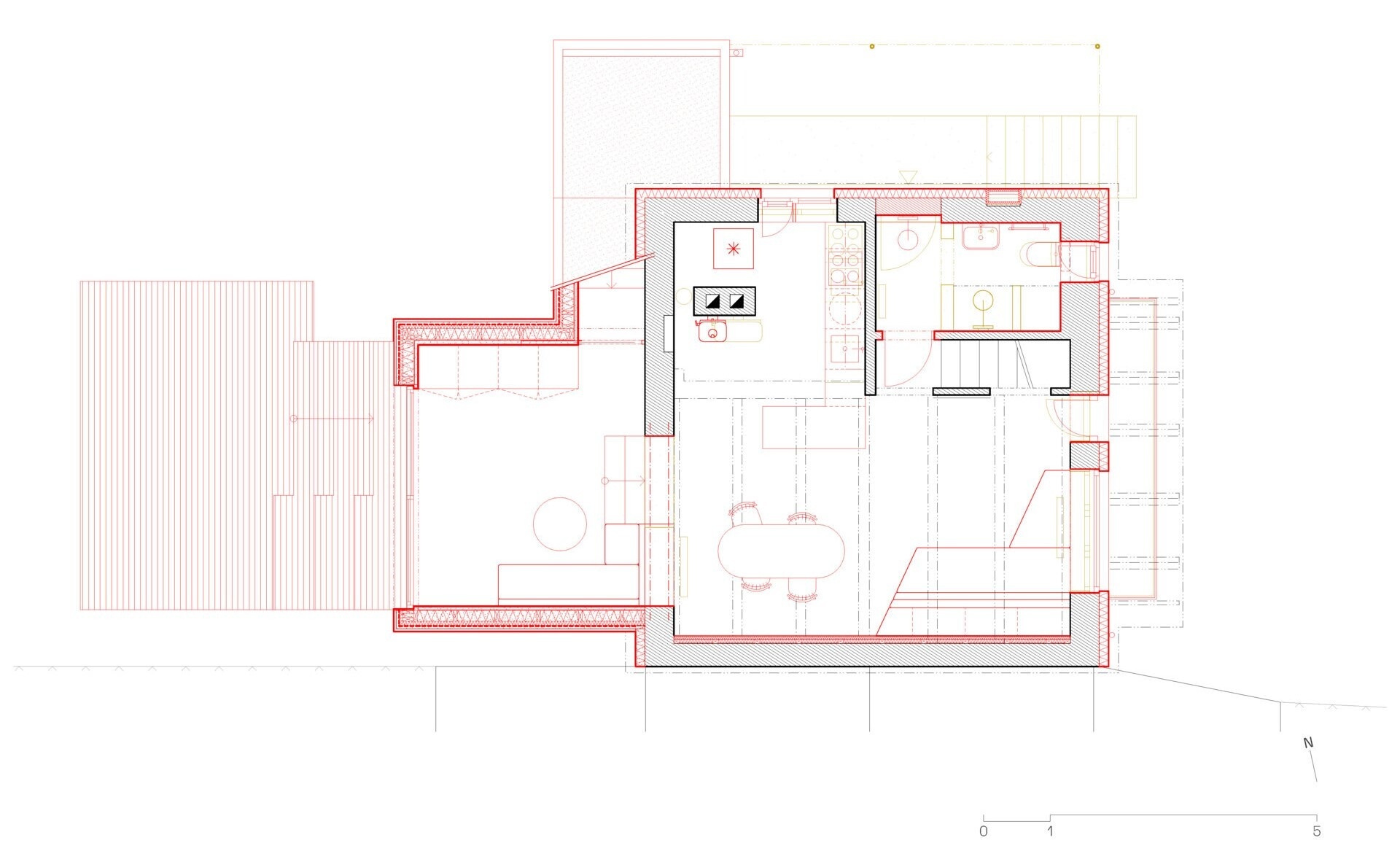 Explore the architectural drawings for this renovation and extension in Ne?ín, Czech Republic, by Facha architekti. Plans and sections show how the new timber addition expands the raised ground floor while leaving much of the original house intact.
