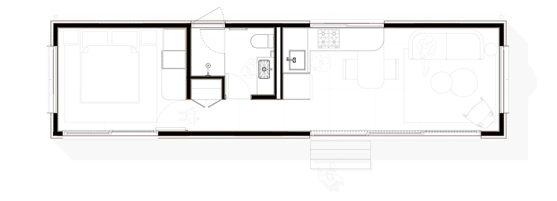 Explore the space-saving layout of Casa M38, a small prefab home with an open kitchen and living room, an integrated dining table, a private bedroom with a workspace, and a bathroom.