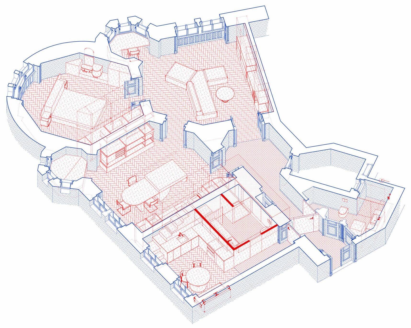 An axonometric architectural drawing of a renovated historic apartment in Prague, showing the arrangement of rooms, furniture, and the separate compact studio within the overall floor plan.