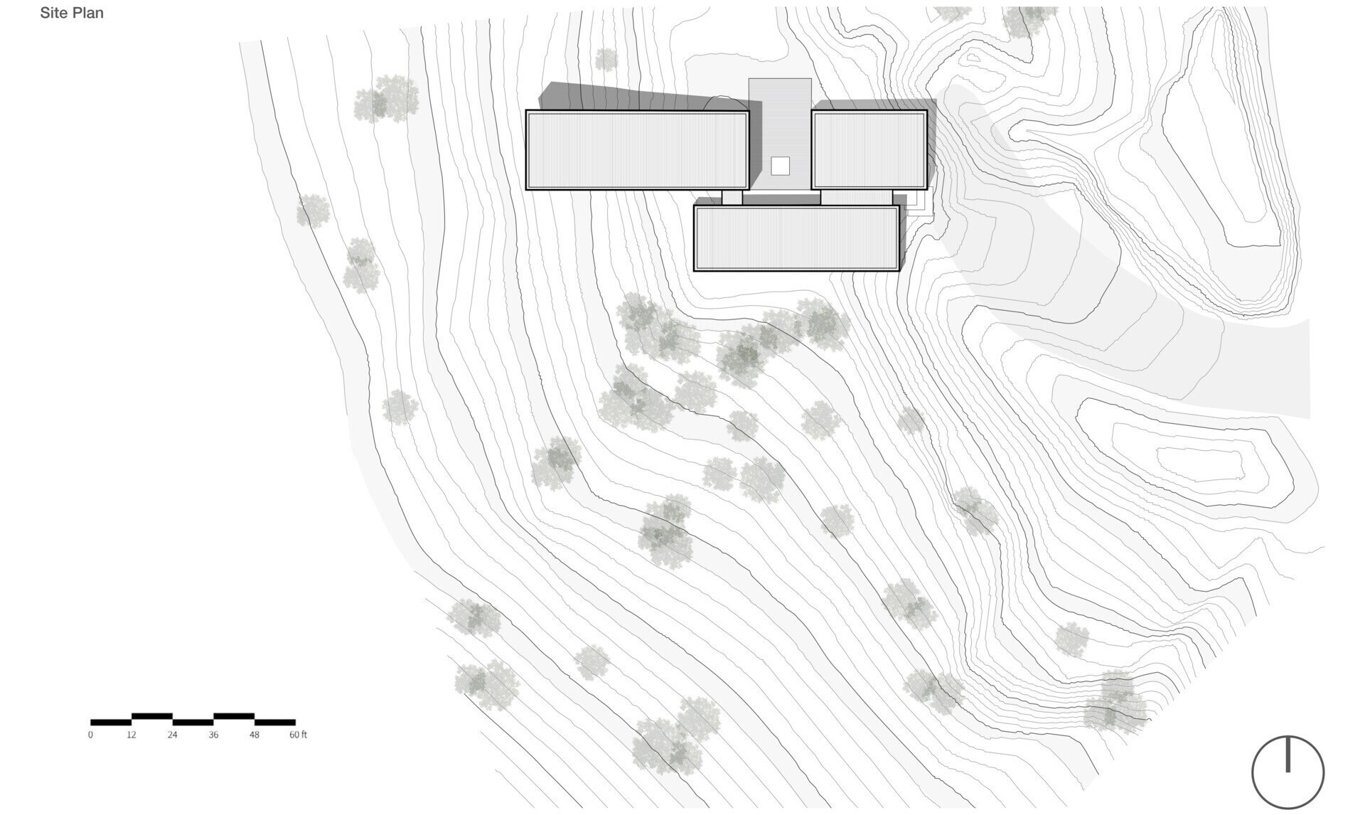 A modern hillside house site plan showing the building's arrangement across steep terrain. Contour lines and existing trees illustrate how the house occupies a narrow section of the property.
