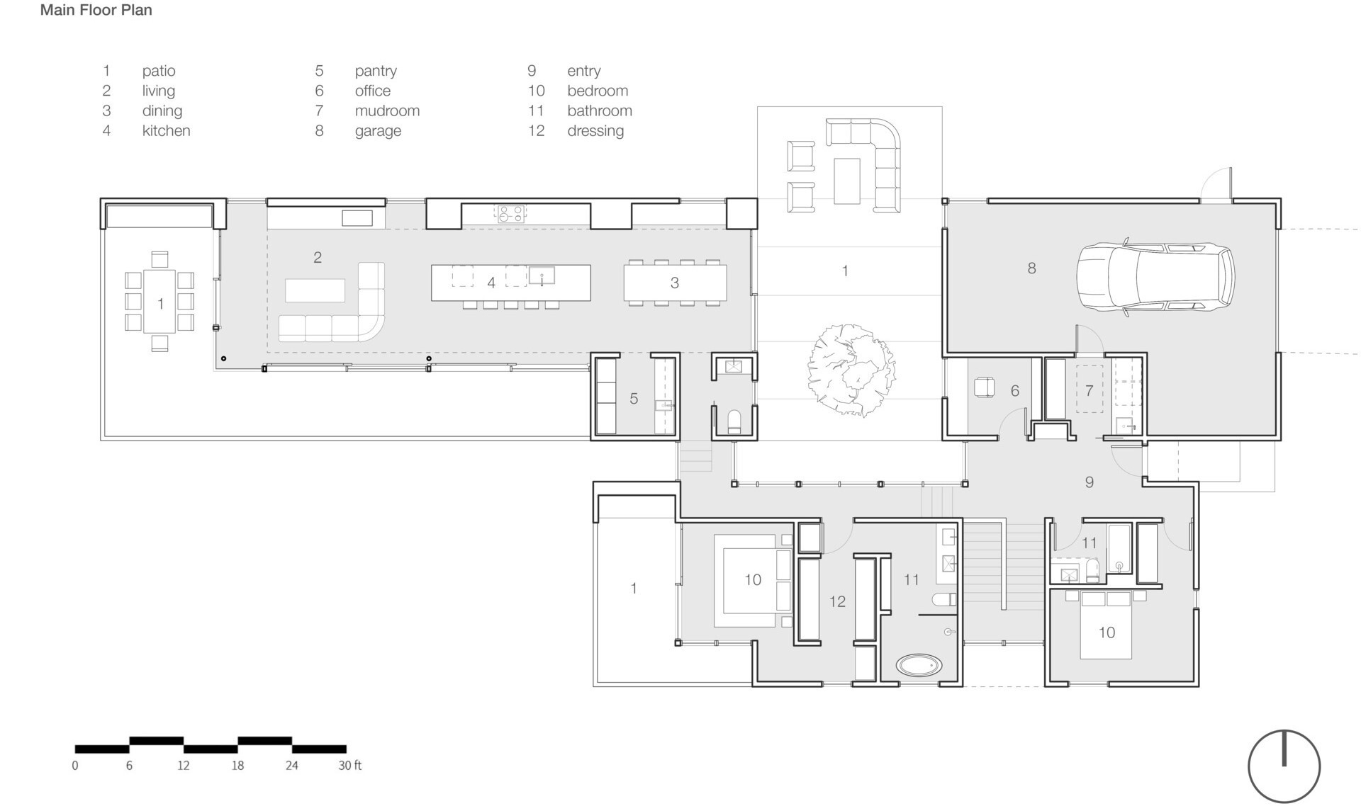 A modern house floor plan showing an open kitchen, dining room, living room, outdoor patios, and separate bedroom wing arranged around a central courtyard.