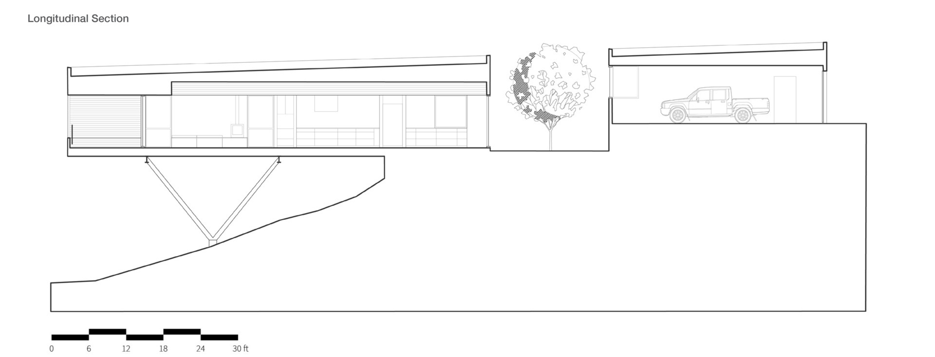 An architectural section drawing illustrates how a modern house extends over a steep hillside. V-shaped steel supports carry the projecting living area while the garage remains positioned on higher ground.