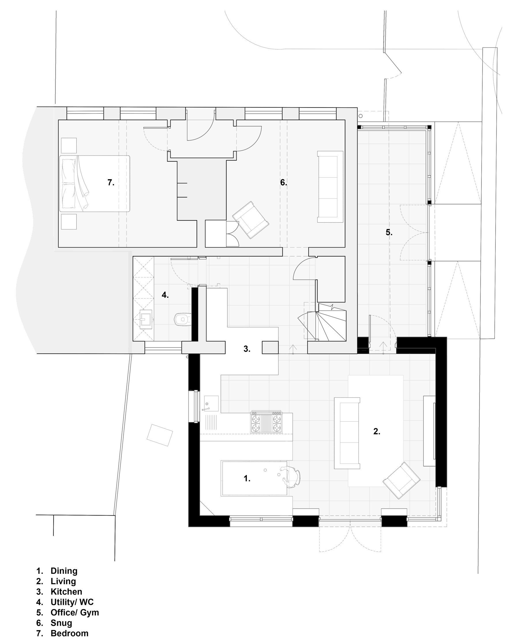 Ground-floor and upper-floor plans of a renovated Hampshire cottage show how a modern extension accommodates open-plan living, dining, and kitchen areas alongside separate bedrooms and flexible rooms.