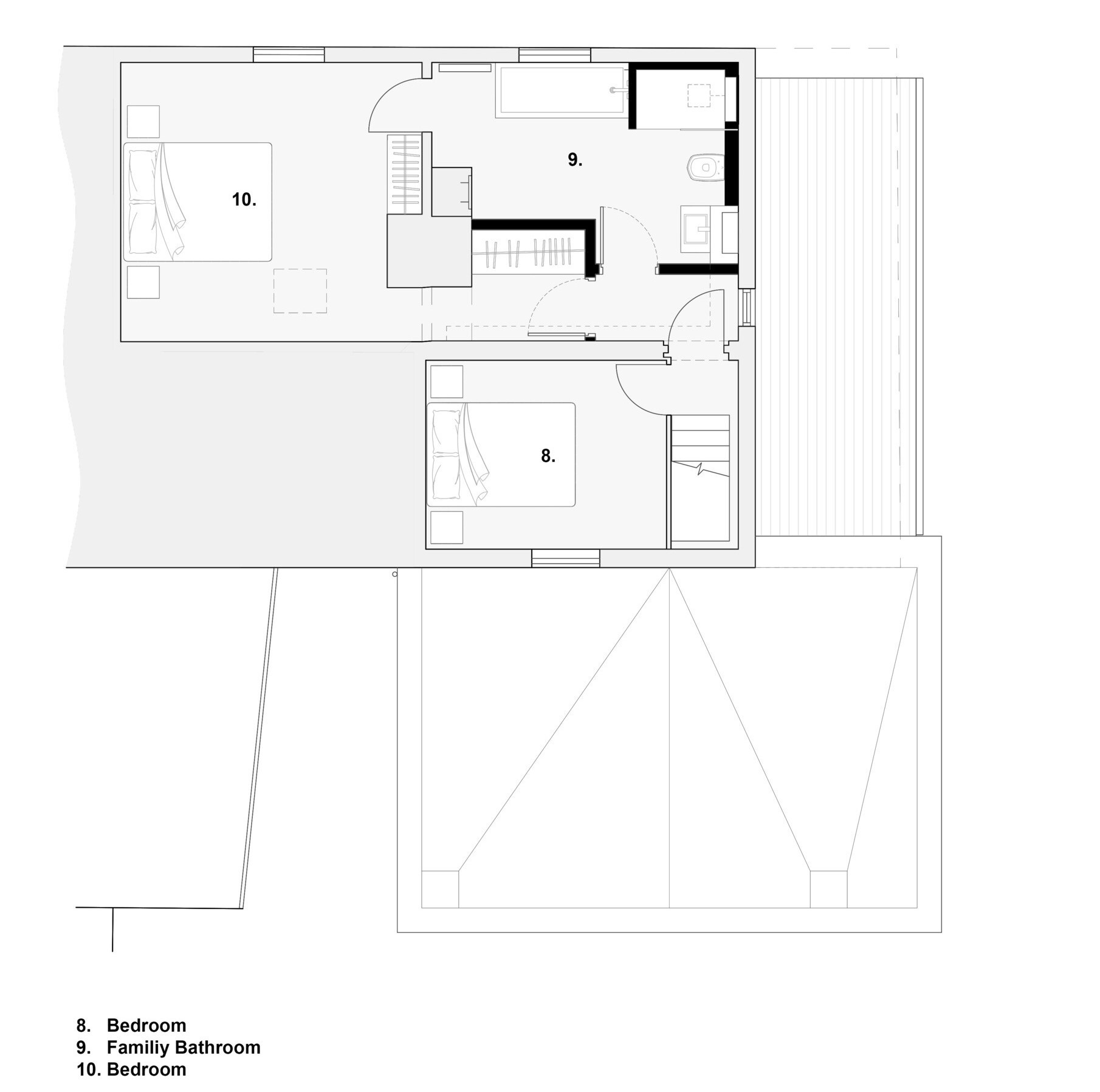 Ground-floor and upper-floor plans of a renovated Hampshire cottage show how a modern extension accommodates open-plan living, dining, and kitchen areas alongside separate bedrooms and flexible rooms.