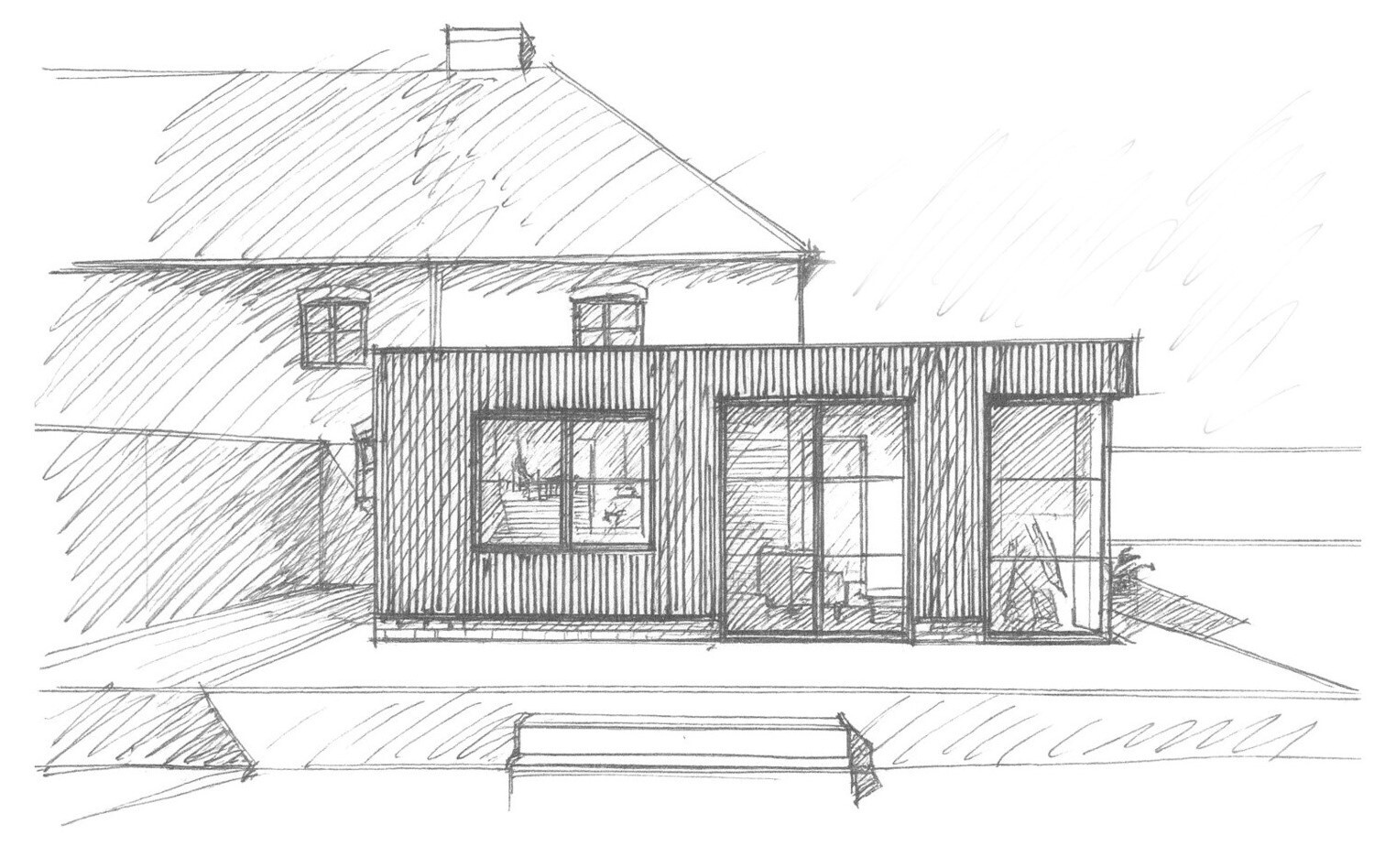 Architectural concept sketches by House Form illustrate a contemporary cottage extension with vertical cladding, large windows, and an open-plan interior in Hampshire, England.