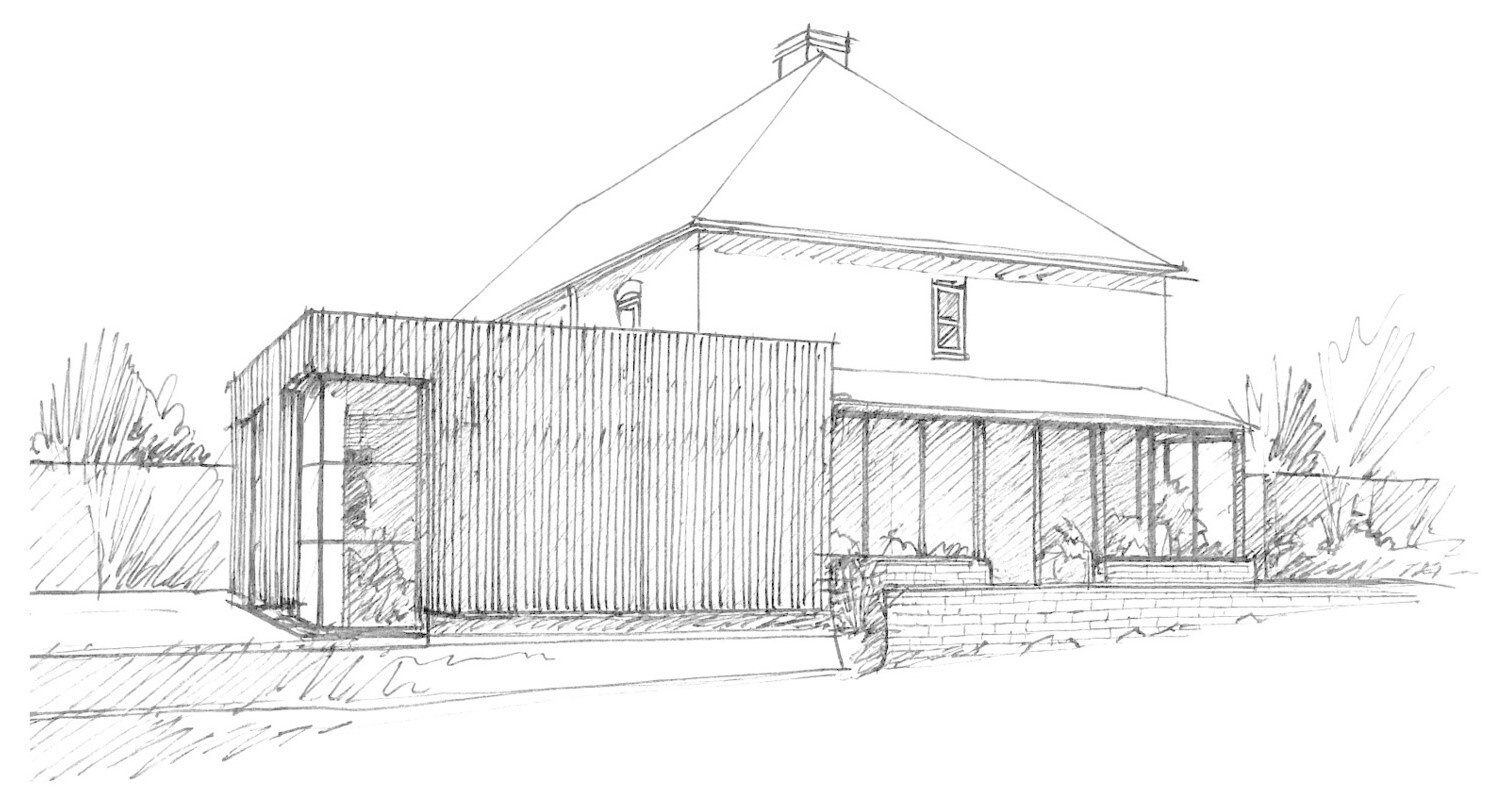 Architectural concept sketches by House Form illustrate a contemporary cottage extension with vertical cladding, large windows, and an open-plan interior in Hampshire, England.