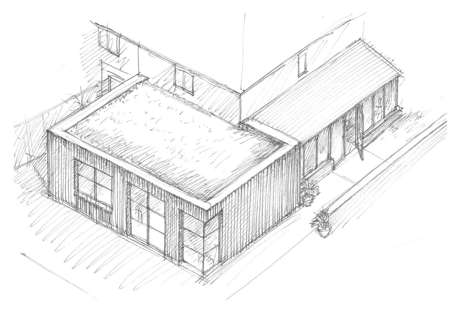 Architectural concept sketches by House Form illustrate a contemporary cottage extension with vertical cladding, large windows, and an open-plan interior in Hampshire, England.