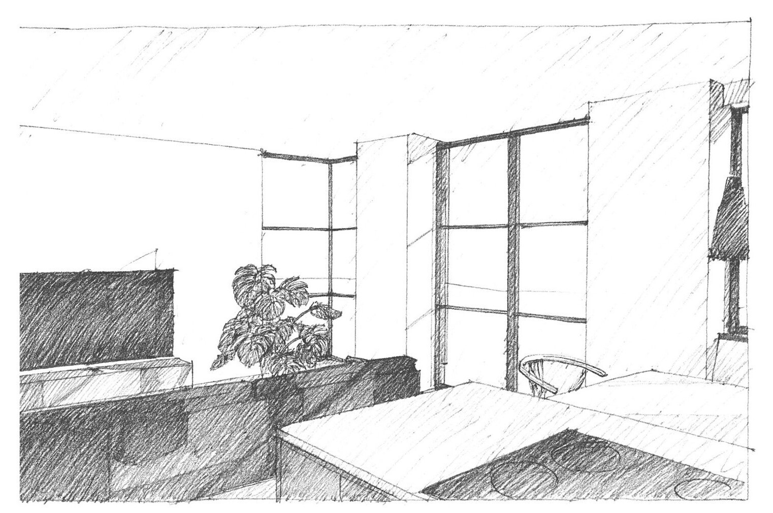 Architectural concept sketches by House Form illustrate a contemporary cottage extension with vertical cladding, large windows, and an open-plan interior in Hampshire, England.