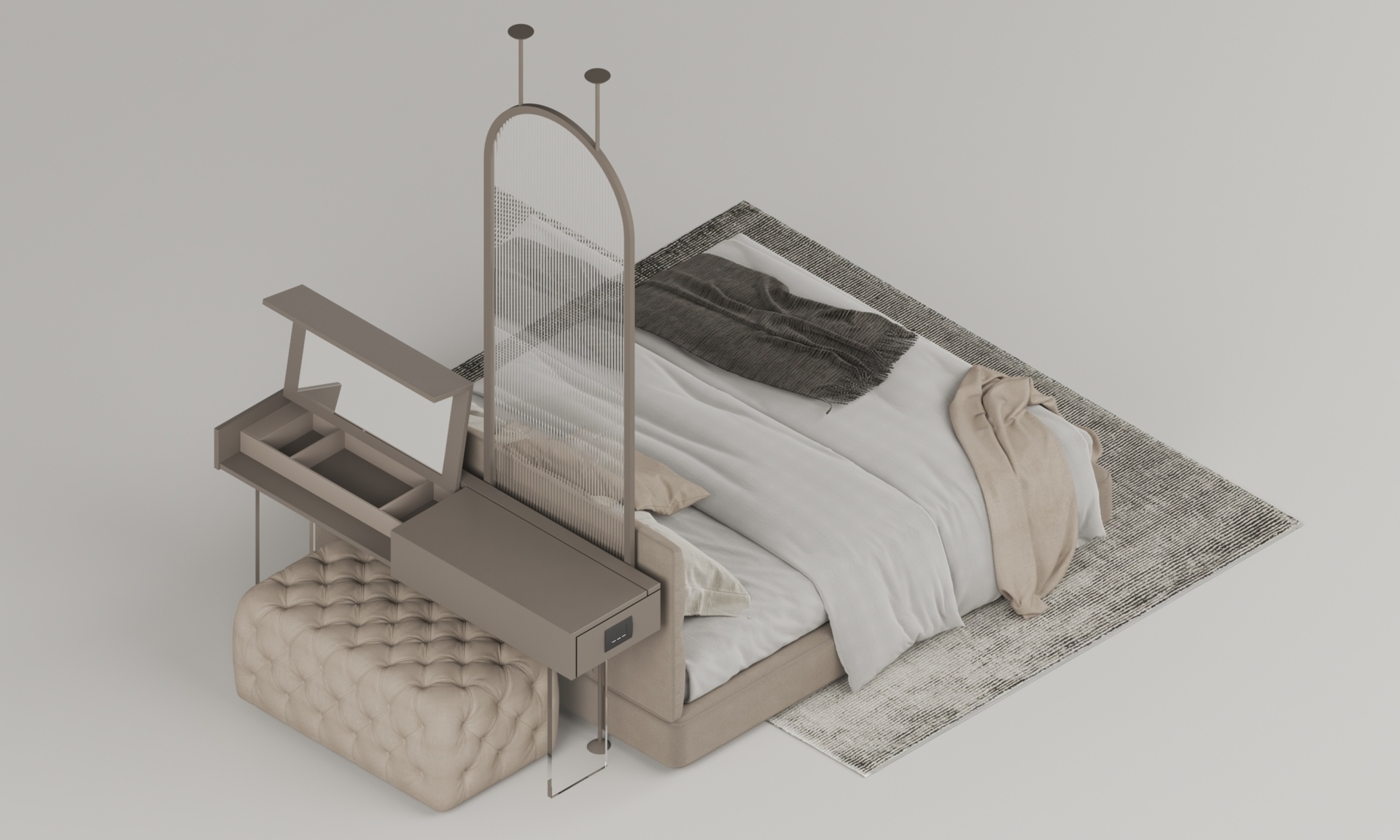Bedroom design renders reveal a custom dressing table with hidden makeup storage, an arched ribbed-glass divider, integrated power outlets, and a multifunctional work surface.