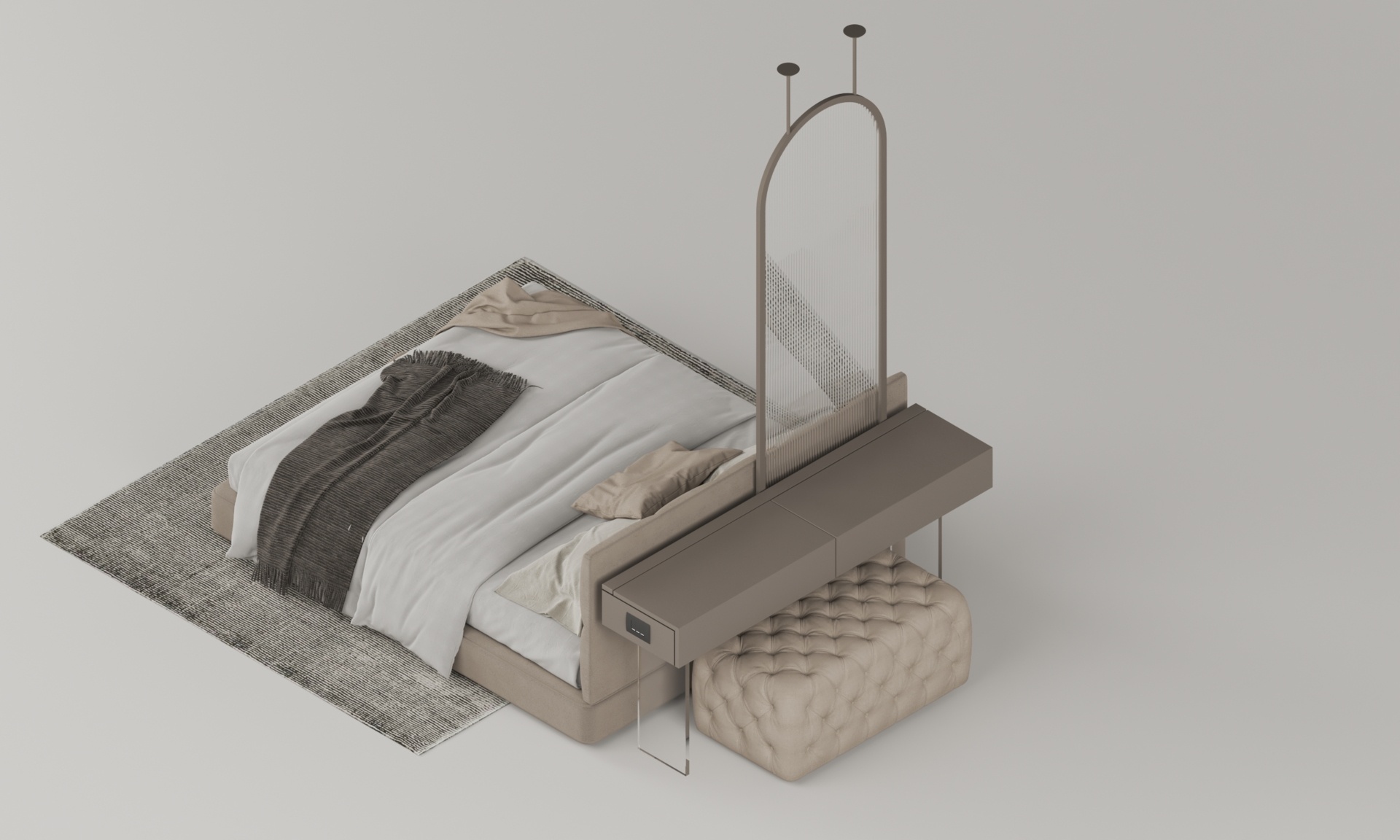 Bedroom design renders reveal a custom dressing table with hidden makeup storage, an arched ribbed-glass divider, integrated power outlets, and a multifunctional work surface.