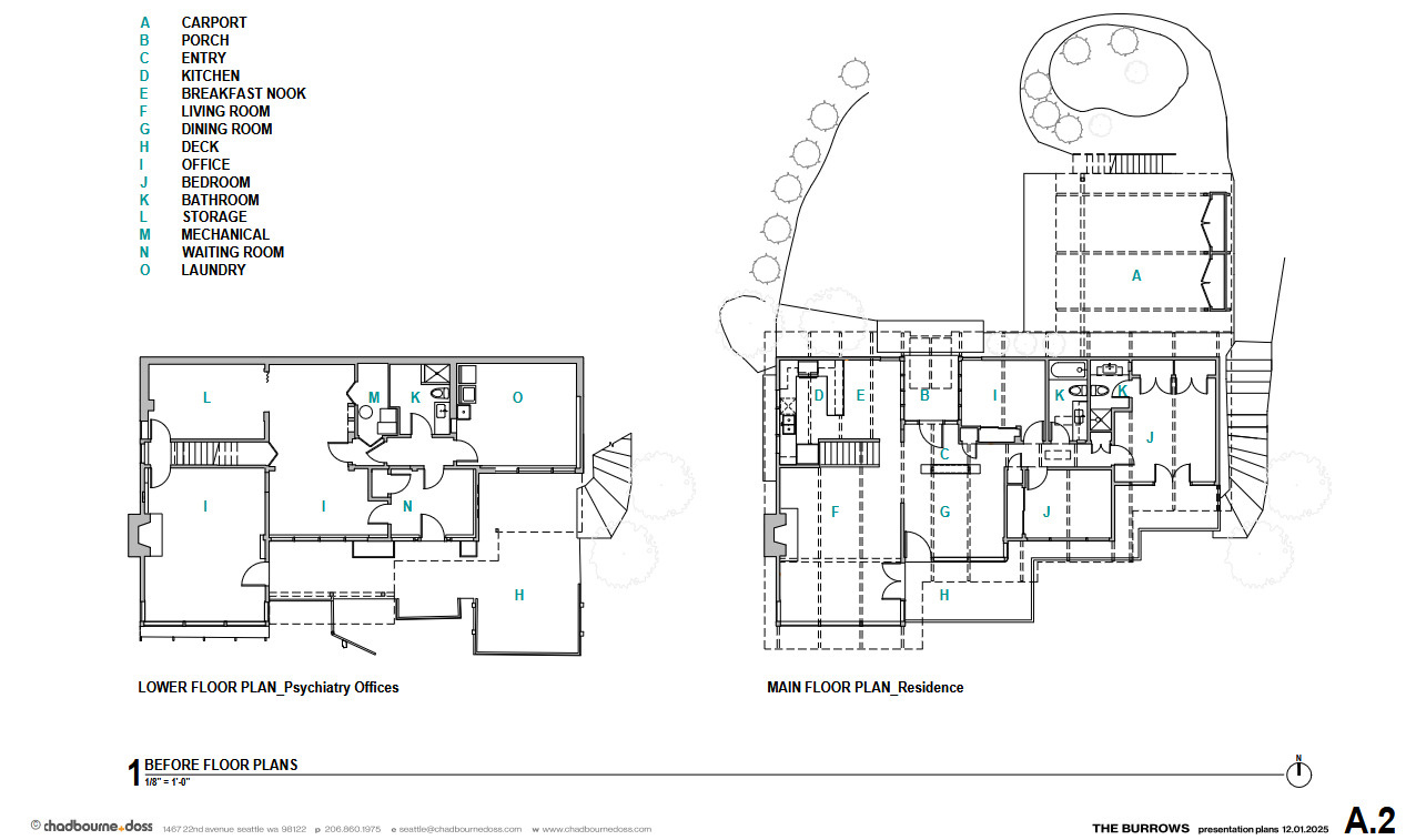 Explore the before-and-after floor plans of The Burrows, a mid-century Seattle home renovated by chadbourne + doss architects, showing the redesigned kitchen and transformation of the former lower-level offices into living spaces.